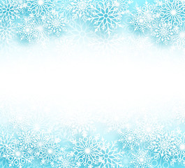 Fototapeta na wymiar Snow winter vector background with different shapes of snowflakes elements and empty white space for text in a white background. Vector illustration. 