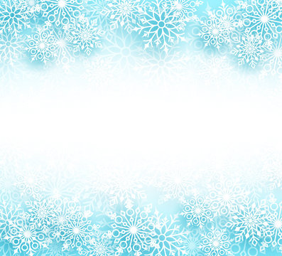 Snow winter vector background with different shapes of snowflakes elements and empty white space for text in a white background. Vector illustration.
