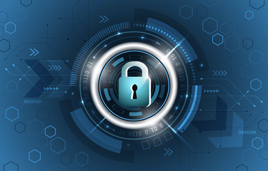 Safety concept. Global security technological vector background. Closed padlock, glitter, circuit board and hexagon shapes.