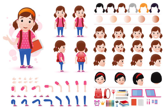 Little Girl Student Character Creation Kit Template with Different Facial Expressions, Hair Colors, Body Parts and Accessories. Vector Illustration.
