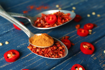 Composition with red chili powder, flakes in metal spoons on blue wooden table
