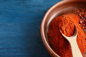Red chili powder and spoon on wooden plate