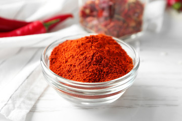 Chili powder in glass bowl on white wooden table
