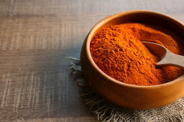 Chili powder with spoon in wooden bowl on table