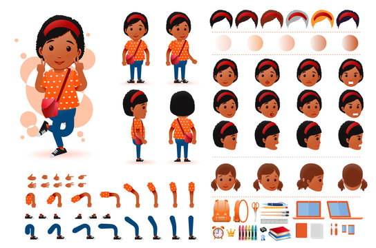 Little Black African Girl Student Character Creation Kit Template With Different Facial Expressions, Hair Colors, Body Parts And Accessories. Vector Illustration.
