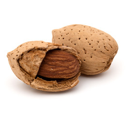 Almond nut in shell and shelled isolated on white background close up