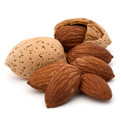 Almond nut in shell and shelled isolated on white background close up