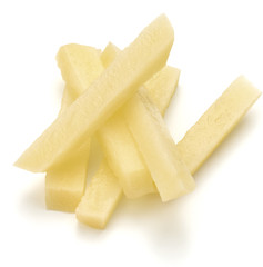 Raw Potato sliced strips prepared for French fries isolated on white background