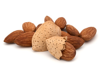Almond nut in shell and shelled isolated on white background close up