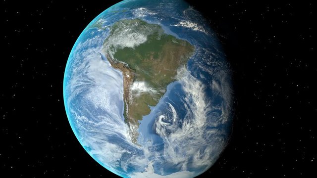 Night to day - rotating Earth. Zoom in on Chile outlined