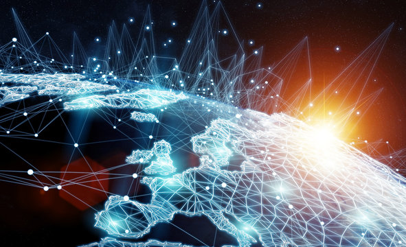 Global network and datas exchanges over the planet Earth 3D rendering - Powered by Adobe
