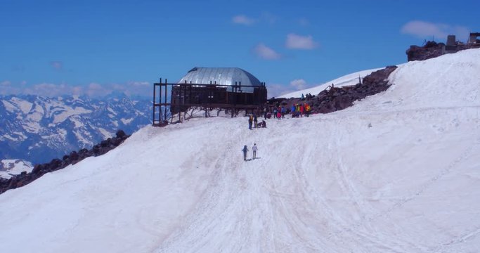 aerial shot hotel for climbers on mount Elbrus