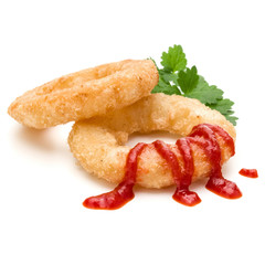 Crispy deep fried onion or Calamari ring with ketchup isolated on white background