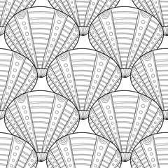 Black white seamless pattern with decorative sea shells for coloring