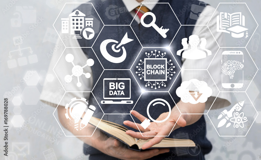 Poster block chain information technology computing smart education business finance network concept. man (