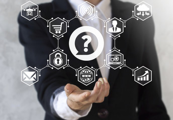Smart Support Services Internet Store - Innovative Information Technology Business Integration. Byutiful girl offers speech bubble question icon on a virtual interface.