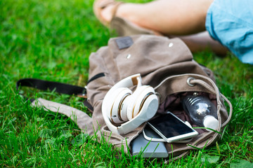 backpack with water, mobile phone and powerbank inside
