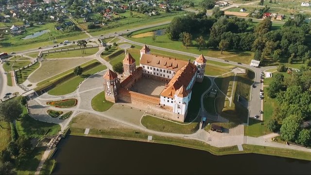 Landscape, aerial view of the medieval castle, mir castle view from height, August 11 in Belarus. 