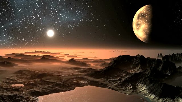 Sunset on the Alien Planet. In the dark starry sky the sun sets behind a misty horizon that begins to glow with a bright yellow light. The big moon in the penumbra slowly rotates.