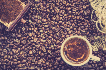 Black coffee cup called espresso, italian hot drink with foam, overhead