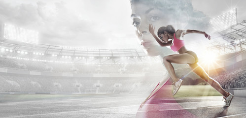 Sport backgrounds. Heroic Runner portrait. Mixed media.