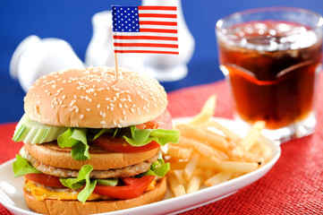 American Burger with  french fries