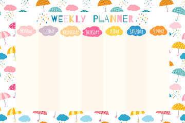 Cute and colorful weekly planner template, stationery organizer for daily plans and schedules