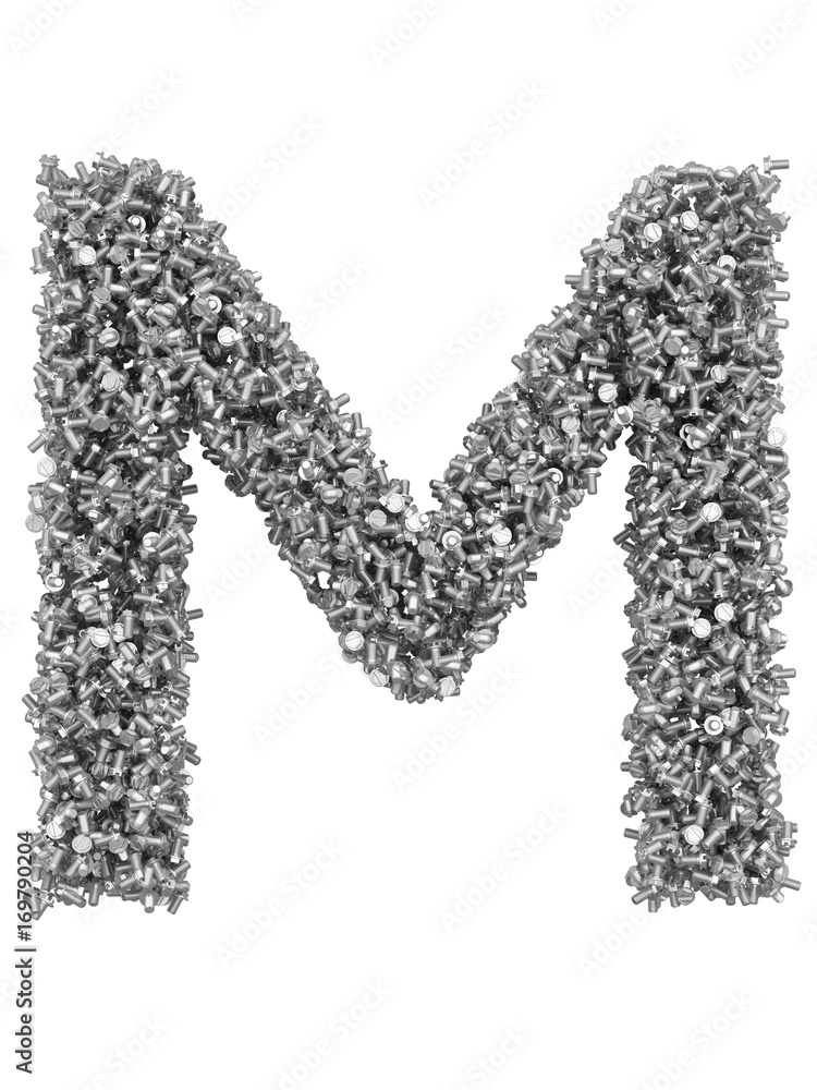 Fototapete 3d render of silver or grey alphabet make from bolts. big letter m with clipping path. isolated on w