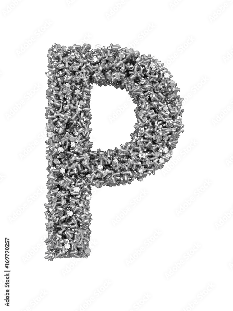 Fototapete 3d render of silver or grey alphabet make from bolts. big letter p with clipping path. isolated on w