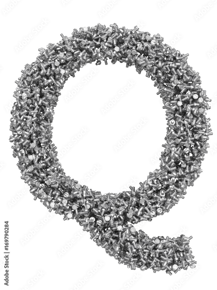 Fototapete 3d render of silver or grey alphabet make from bolts. big letter q with clipping path. isolated on w