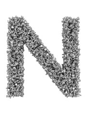 3D render of silver or grey alphabet make from bolts. Big letter N with clipping path. Isolated on white background