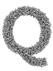 3D render of silver or grey alphabet make from bolts. Big letter Q with clipping path. Isolated on white background