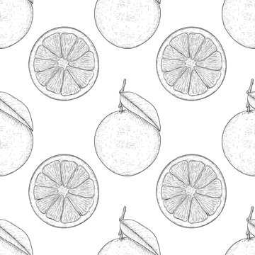 Orange, whole and slice. Hand drawn black and white sketch as seamless pattern. Vector illustration