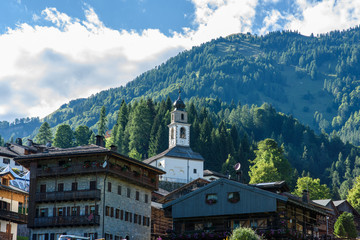 Typical Houses and churches of the mountain village of Sauris