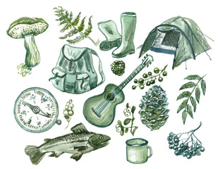 Watercolor traveler set. Tourism concept