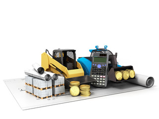 Concept of construction calculations excavators of small works blueprints money 3d render on a white background