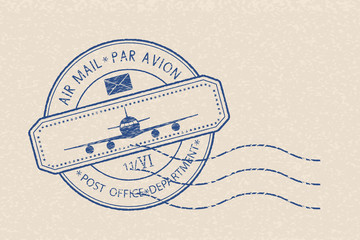 Blue postal stamp with plane icon and waves. Blue postmark on beige background