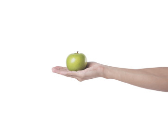 Hand holding fresh green apple isolated on white background.