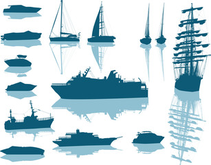 fourteen blue ship silhouettes with reflections