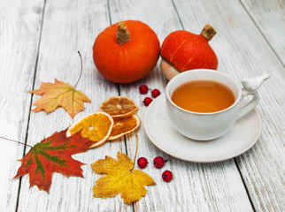 hot tea and autumn leaves