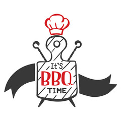 It is bbq time. Hipster logo and emblem of a restaurant barbecue on the background of a cutting board and skewers. Vector templates isolated on white background. Steak house restaurant menu design