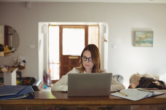 Woman using laptop in drawing room