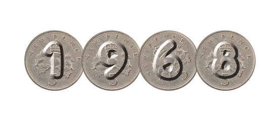 1968 – five new pence coins on white background
