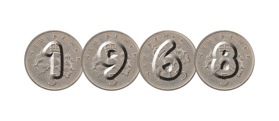 Obraz premium 1968 – five new pence coins on white background