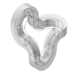 Abstract curved vector shape reminiscent of technological development, nanotechnology component. Isometric brand of scientific institution, research center, laboratories, spatial paradox.