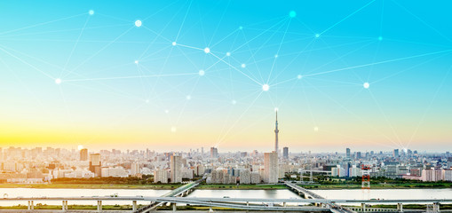 Business concept for information, communication , connection technology - panoramic modern city...