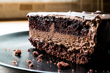 Devils Cake with Chocolate in black plate.