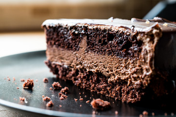 Devils Cake with Chocolate in black plate.