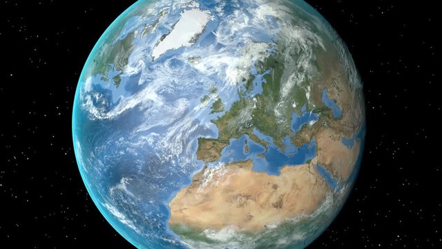 Night to day - rotating Earth. Zoom in on Iceland outlined