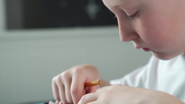 Systems of children's development: mental arithmetic. The boy is studying the accounts with the help of Abakus (Soroban) - a special tool for practicing the method of mental arithmetic.